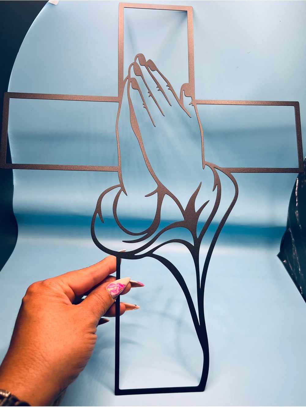 Modern Black Cross Wall Hanging with Praying Hands 15.7” NWOT